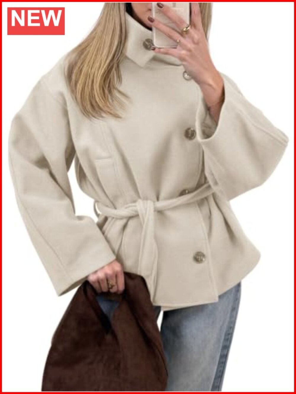 Wool Blend Cropped Pea Coat with Belted Waist